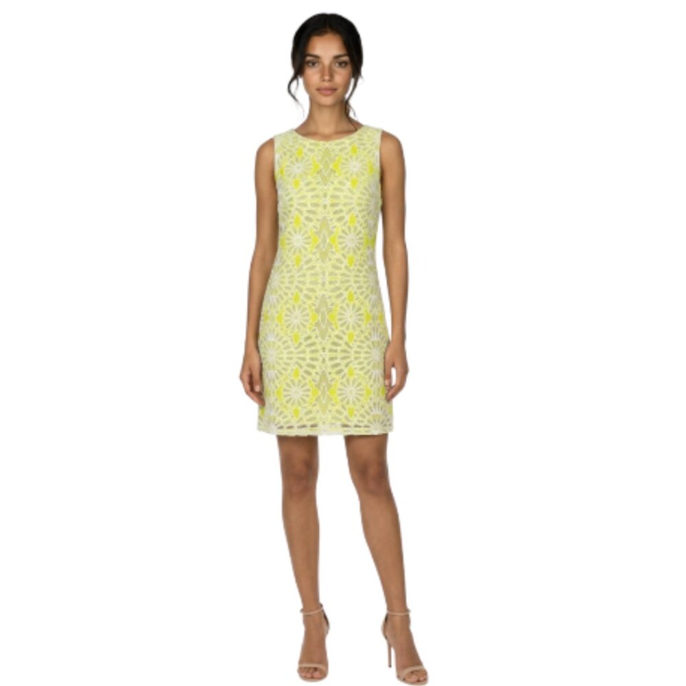 Bell Badgley Mischka Size 12 Pea Green Floral Mesh Sleeveless Crewneck Dress - Picture 2 of 8